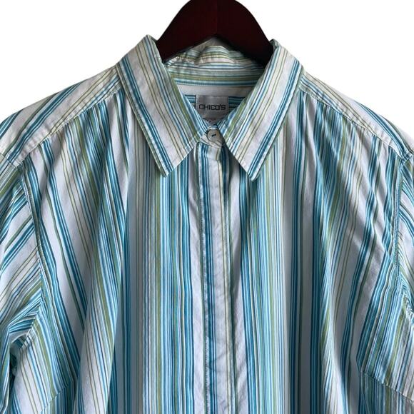 Chicos Women Cotton Top XL Green Blue Striped Button Up‎ Basics Workwear Preppy - Picture 8 of 8
